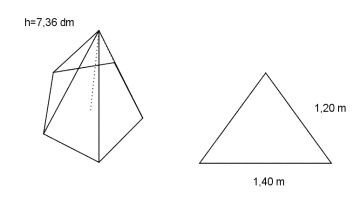 Høyden i pyramiden er 7,36 dm. Den siden av trekanten som ligger på randen til femkanten har lengde 1,40 m. En annen side har lengde 1,20 m.